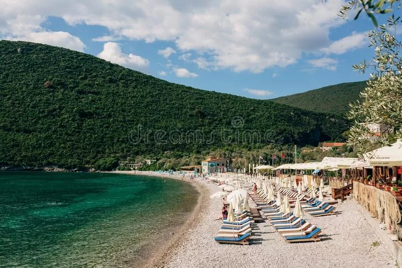 View zanjice beach lustica peninsula montenegro against backdrop green mountains tourists rest sun loungers high 217092688